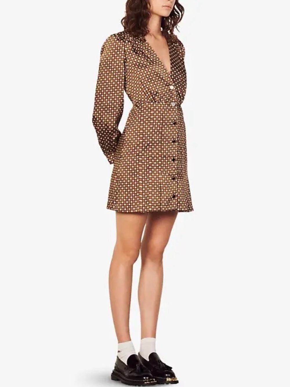 Sandro | Bruns Perrine Printed Satin Button-Front Mini Dress ~ US 4 - Picture 4 of 12